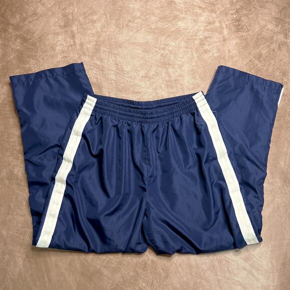 Vintage 90s Studio Works Side Striped Windbreaker Pants Navy Blue Drawstring - Picture 1 of 7